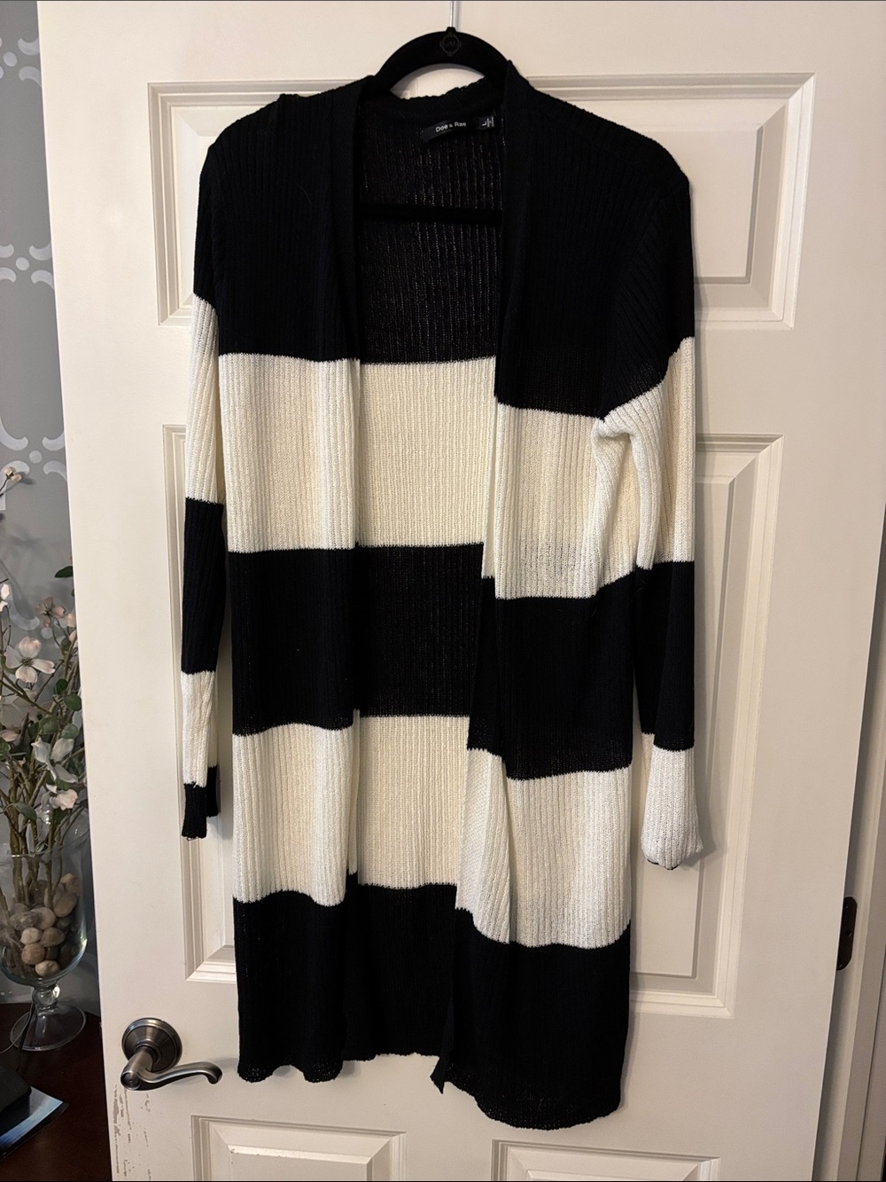 Doe & Rae Black and White Striped Open-Front Cardigan